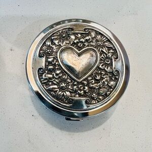 Brighton Pill Box, Silver Metal Embossed w/ Heart & Flowers Vintage